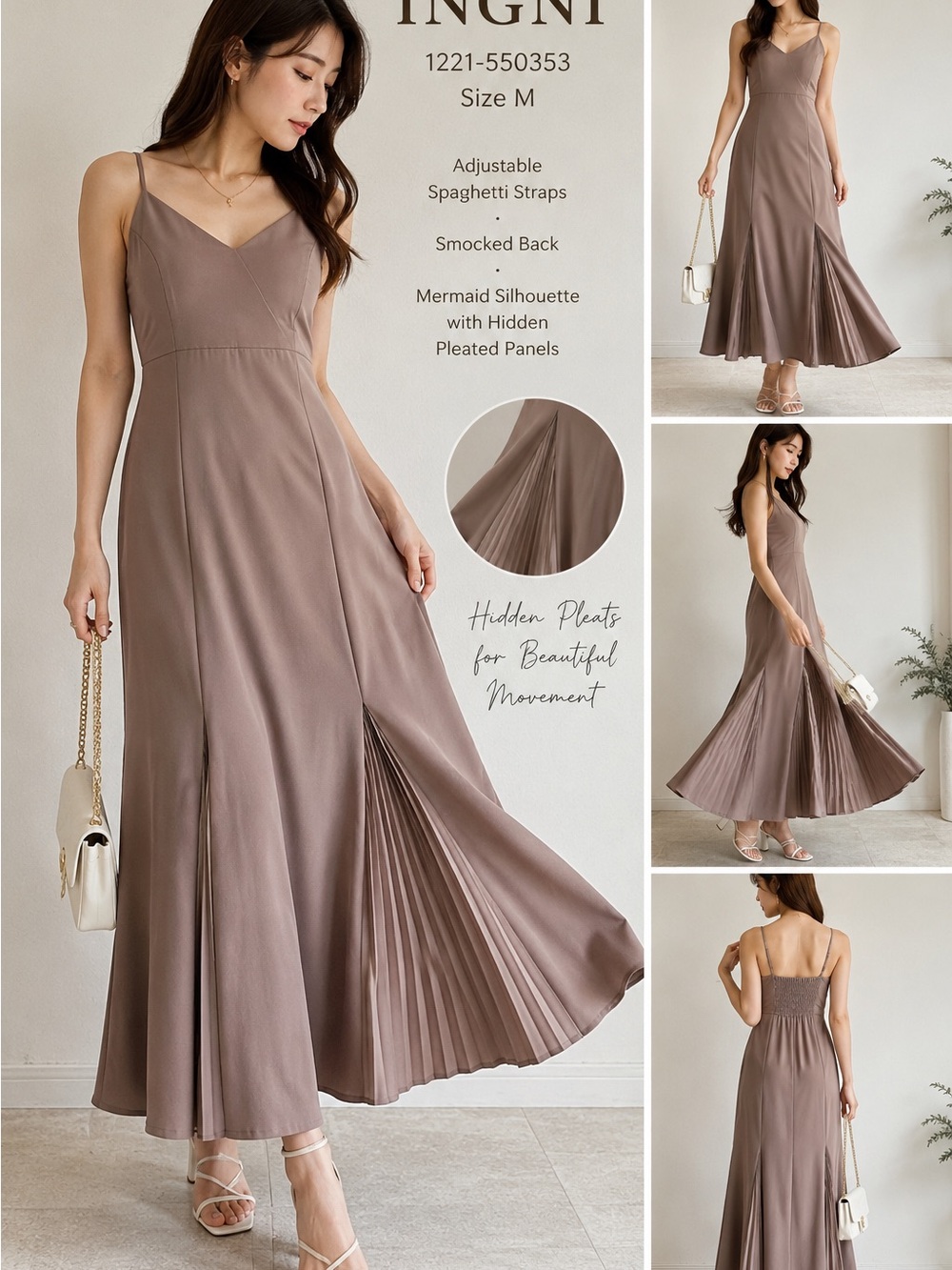 Ingni Taupe Mermaid Japanese Maxi Dress with Adjustable Straps